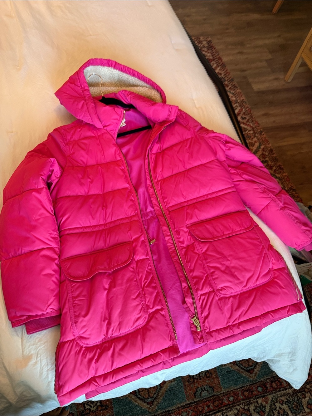 J. Crew Hot Pink Quilted Puffer Coat with Hood